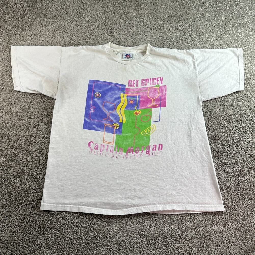 VINTAGE Captain Morgan Shirt Mens XL White Picasso Print Spiced Rum READ